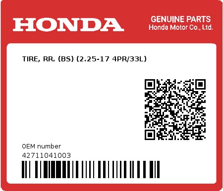Product image: Honda - 42711041003 - TIRE, RR. (BS) (2.25-17 4PR/33L)  0