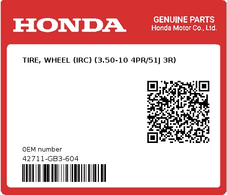 Product image: Honda - 42711-GB3-604 - TIRE, WHEEL (IRC) (3.50-10 4PR/51J 3R) 