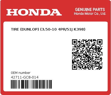 Product image: Honda - 42711-GC8-014 - TIRE (DUNLOP) (3.50-10 4PR/51J K398)  0
