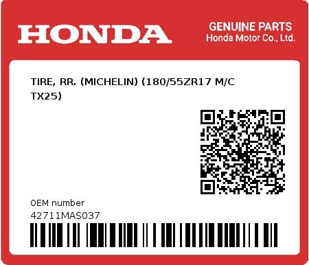 Product image: Honda - 42711MAS037 - TIRE, RR. (MICHELIN) (180/55ZR17 M/C TX25)  0