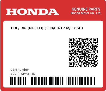 Product image: Honda - 42711MY5G34 - TIRE, RR. (PIRELLI) (130/80-17 M/C 65H)  0