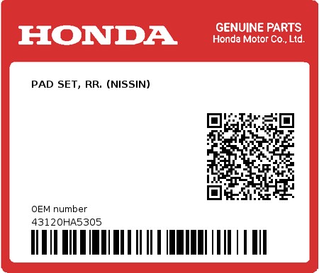 Product image: Honda - 43120HA5305 - PAD SET, RR. (NISSIN) 