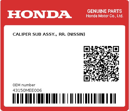 Product image: Honda - 43150MEE006 - CALIPER SUB ASSY., RR. (NISSIN)  0