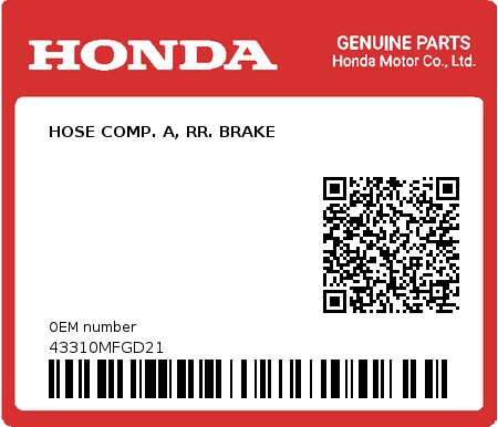 Product image: Honda - 43310MFGD21 - HOSE COMP. A, RR. BRAKE 