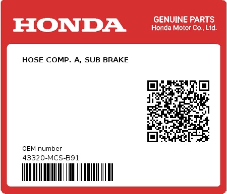 Product image: Honda - 43320-MCS-B91 - HOSE COMP. A, SUB BRAKE 