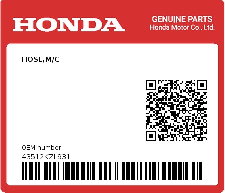Product image: Honda - 43512KZL931 - HOSE,M/C  0