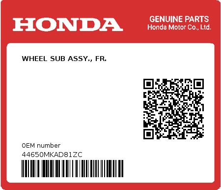 Product image: Honda - 44650MKAD81ZC - WHEEL SUB ASSY., FR.  0