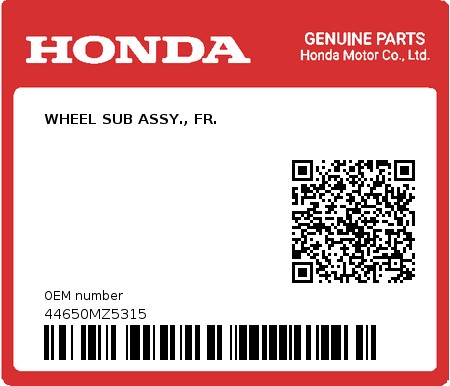 Product image: Honda - 44650MZ5315 - WHEEL SUB ASSY., FR.  0