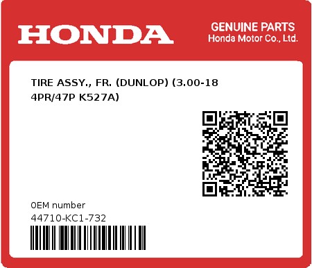 Product image: Honda - 44710-KC1-732 - TIRE ASSY., FR. (DUNLOP) (3.00-18 4PR/47P K527A)  0