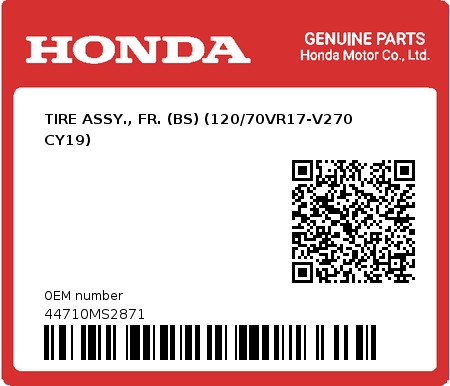 Product image: Honda - 44710MS2871 - TIRE ASSY., FR. (BS) (120/70VR17-V270 CY19)  0