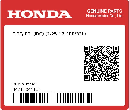 Product image: Honda - 44711041154 - TIRE, FR. (IRC) (2.25-17 4PR/33L)  0