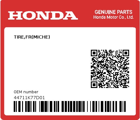 Product image: Honda - 44711K77D01 - TIRE,FR(MICHE)  0