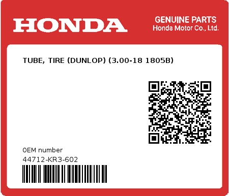 Product image: Honda - 44712-KR3-602 - TUBE, TIRE (DUNLOP) (3.00-18 1805B) 