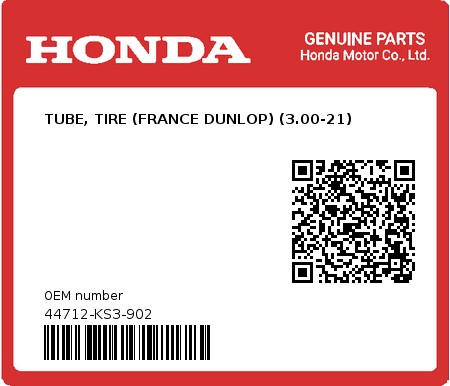 Product image: Honda - 44712-KS3-902 - TUBE, TIRE (FRANCE DUNLOP) (3.00-21)  0