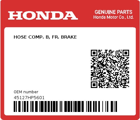 Product image: Honda - 45127HP5601 - HOSE COMP. B, FR. BRAKE  0