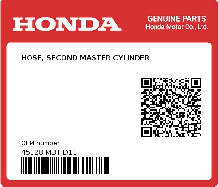 Product image: Honda - 45128-MBT-D11 - HOSE, SECOND MASTER CYLINDER 