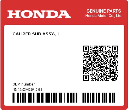 Product image: Honda - 45150MGPD81 - CALIPER SUB ASSY., L  0