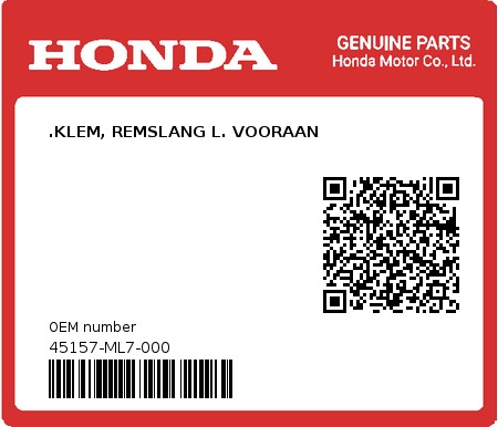 Product image: Honda - 45157-ML7-000 - .KLEM, REMSLANG L. VOORAAN 