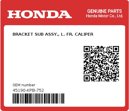 Product image: Honda - 45190-KPB-752 - BRACKET SUB ASSY., L. FR. CALIPER  0