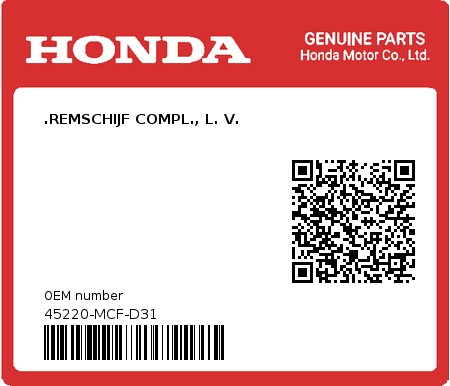 Product image: Honda - 45220-MCF-D31 - .REMSCHIJF COMPL., L. V.  0