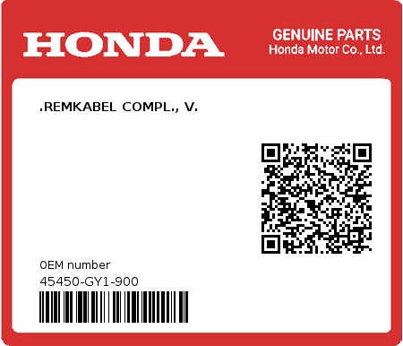 Product image: Honda - 45450-GY1-900 - .REMKABEL COMPL., V.  0