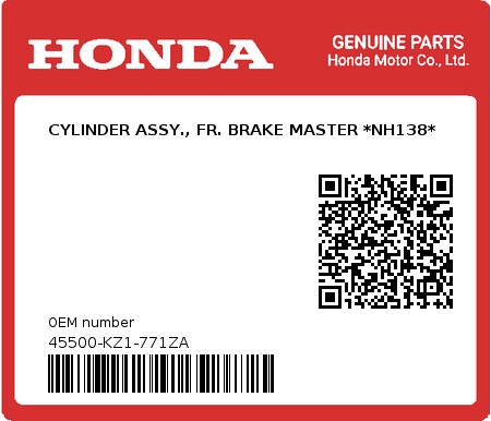 Product image: Honda - 45500-KZ1-771ZA - CYLINDER ASSY., FR. BRAKE MASTER *NH138*  0