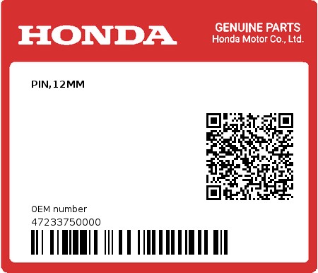 Product image: Honda - 47233750000 - PIN,12MM  0