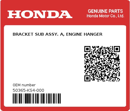 Product image: Honda - 50365-KS4-000 - BRACKET SUB ASSY. A, ENGINE HANGER  0