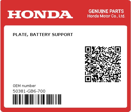 Product image: Honda - 50381-GB6-700 - PLATE, BATTERY SUPPORT 