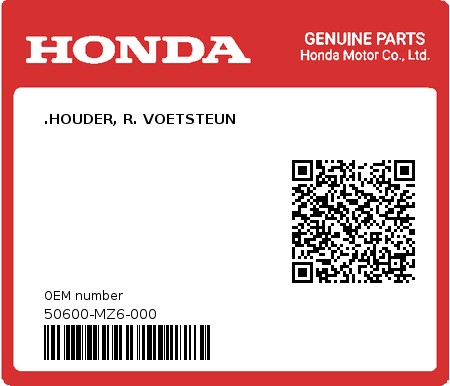 Product image: Honda - 50600-MZ6-000 - .HOUDER, R. VOETSTEUN  0