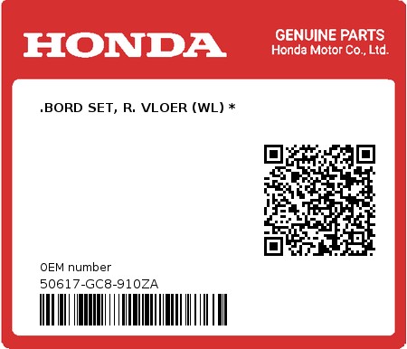 Product image: Honda - 50617-GC8-910ZA - .BORD SET, R. VLOER (WL) * 