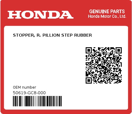 Product image: Honda - 50619-GC8-000 - STOPPER, R. PILLION STEP RUBBER  0