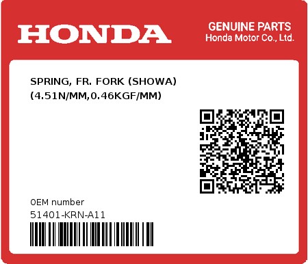 Product image: Honda - 51401-KRN-A11 - SPRING, FR. FORK (SHOWA) (4.51N/MM,0.46KGF/MM)  0