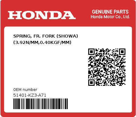 Product image: Honda - 51401-KZ3-A71 - SPRING, FR. FORK (SHOWA) (3.92N/MM,0.40KGF/MM)  0