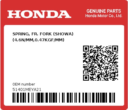 Product image: Honda - 51401MEYA21 - SPRING, FR. FORK (SHOWA) (4.6N/MM,0.47KGF/MM)  0
