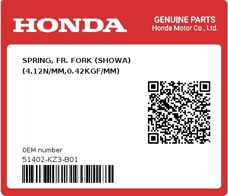 Product image: Honda - 51402-KZ3-B01 - SPRING, FR. FORK (SHOWA) (4.12N/MM,0.42KGF/MM)  0