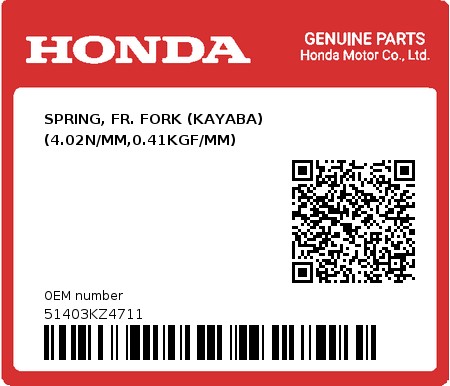 Product image: Honda - 51403KZ4711 - SPRING, FR. FORK (KAYABA) (4.02N/MM,0.41KGF/MM)  0