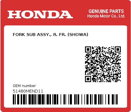 Product image: Honda - 51480MEND11 - FORK SUB ASSY., R. FR. (SHOWA)  0