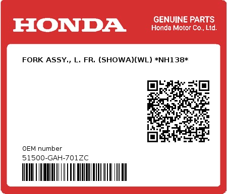 Product image: Honda - 51500-GAH-701ZC - FORK ASSY., L. FR. (SHOWA)(WL) *NH138* 