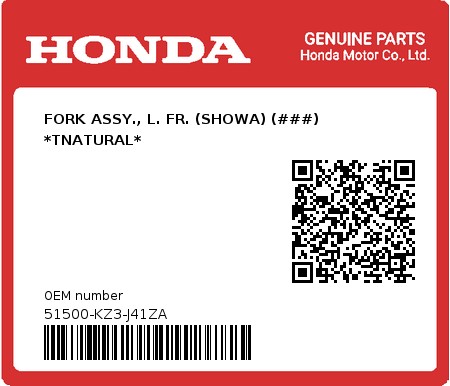 Product image: Honda - 51500-KZ3-J41ZA - FORK ASSY., L. FR. (SHOWA) (###) *TNATURAL*  0