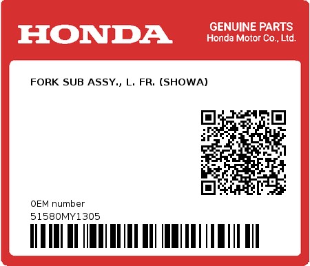 Product image: Honda - 51580MY1305 - FORK SUB ASSY., L. FR. (SHOWA)  0