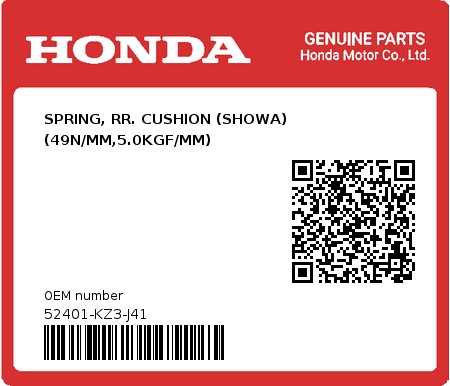 Honda - 52401-KZ3-J41 - SPRING, RR. CUSHION (SHOWA) (49N/MM,5.0KGF