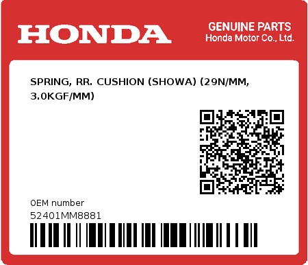 Product image: Honda - 52401MM8881 - SPRING, RR. CUSHION (SHOWA) (29N/MM, 3.0KGF/MM)  0