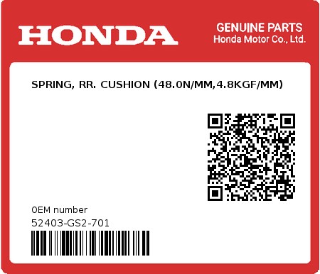 Product image: Honda - 52403-GS2-701 - SPRING, RR. CUSHION (48.0N/MM,4.8KGF/MM)  0