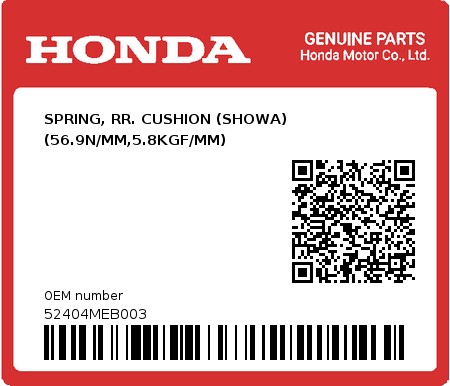 Product image: Honda - 52404MEB003 - SPRING, RR. CUSHION (SHOWA) (56.9N/MM,5.8KGF/MM)  0
