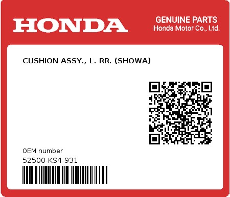 Product image: Honda - 52500-KS4-931 - CUSHION ASSY., L. RR. (SHOWA)  0