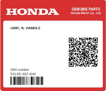 Product image: Honda - 53165-397-940 - GRIP, R. HANDLE  0