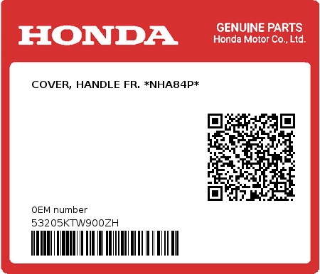 Product image: Honda - 53205KTW900ZH - COVER, HANDLE FR. *NHA84P* 