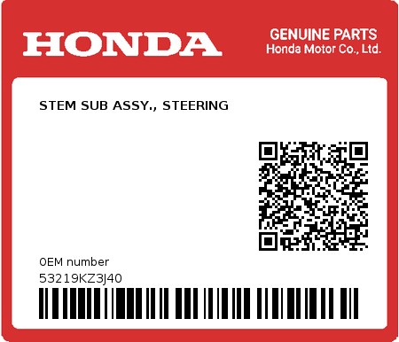 Product image: Honda - 53219KZ3J40 - STEM SUB ASSY., STEERING  0