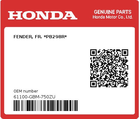 Product image: Honda - 61100-GBM-750ZU - FENDER, FR. *PB298R*  0